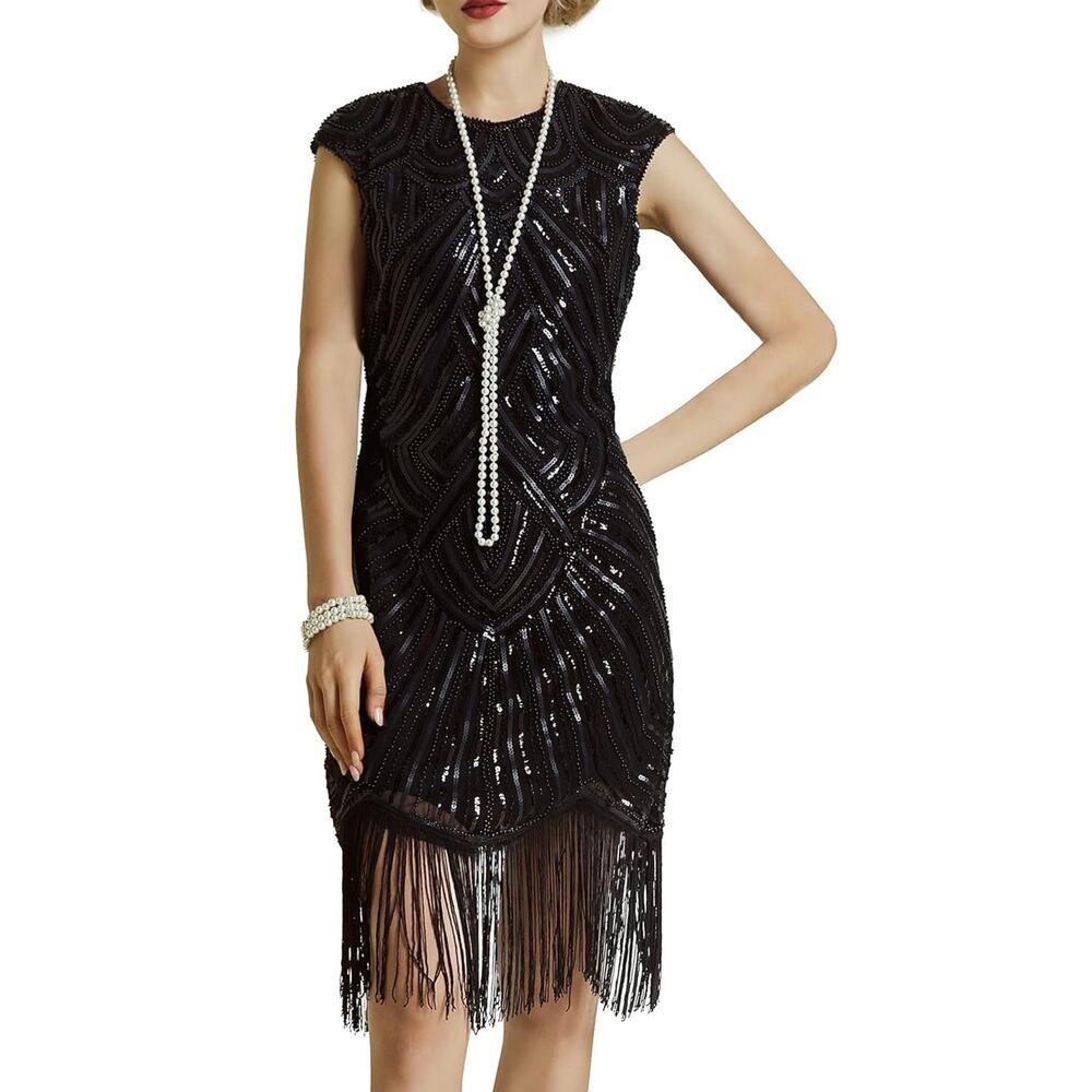 Babeyond Black 1920s Flapper Inspired Cap Sleeve Beaded Fringe Dress Womens XXL